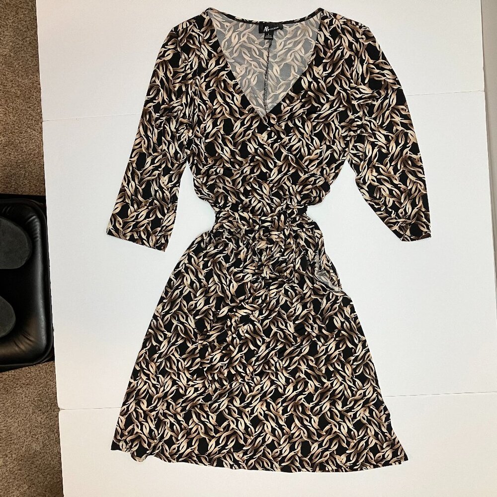 AB Studio Womens‎ Wrap Midi Cute Dress Black Tan Leaf Print with Belt Size L